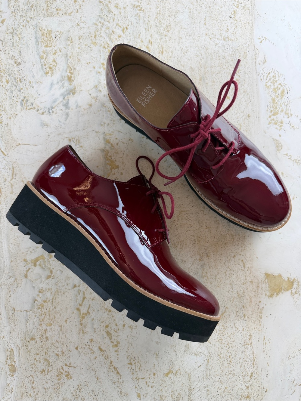 Eileen Fisher Eddy Oxblood Patent Leather Platform Oxford Shoes Sz 7 Dark Academ